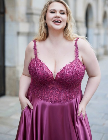 Vestido de fiesta largo elegante talla grande con encaje y satén