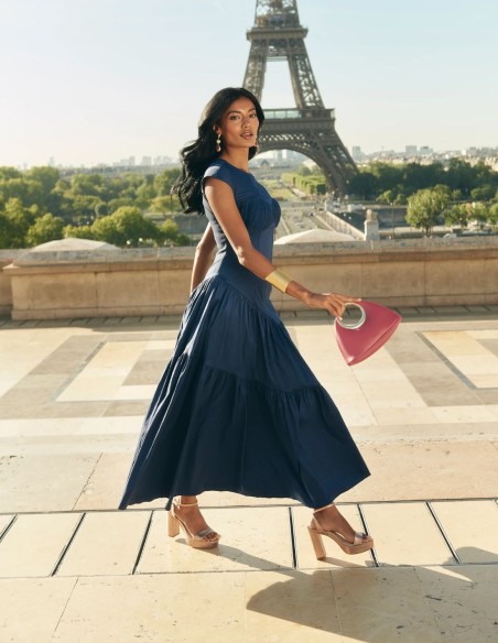 Pleated midi guest dress with fitted waist