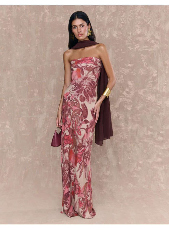 Robe d'invité imprimée, longue, décolletée et sans bretelles