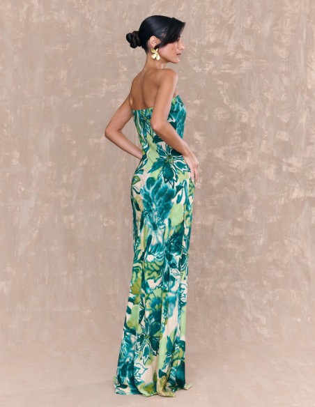 Vestido largo de fiesta con escote palabra de honor y estampado para boda