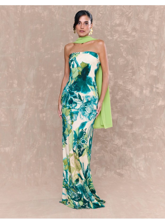 Long dress for event with strapless neckline and print