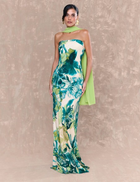 Long dress for event with strapless neckline and print