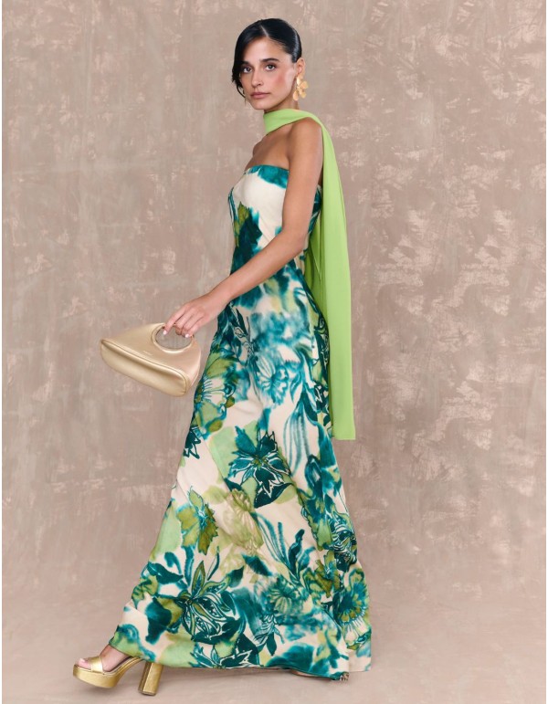 Robe longue avec encolure sans bretelles et motif imprimé 2