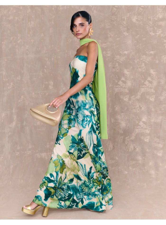 Vestido largo de fiesta con escote palabra de honor y estampado en tonos verdes