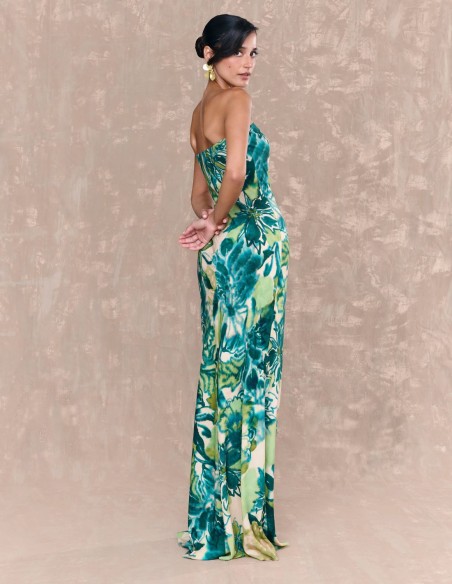 Long dress for event with strapless neckline and print