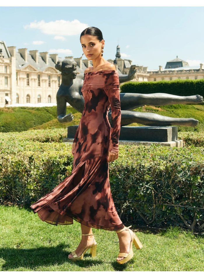 Printed midi dress with boat neckline and asymmetrical skirt