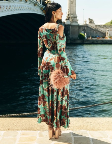 Robe d'invité midi à encolure asymétrique et imprimé floral turquoise
