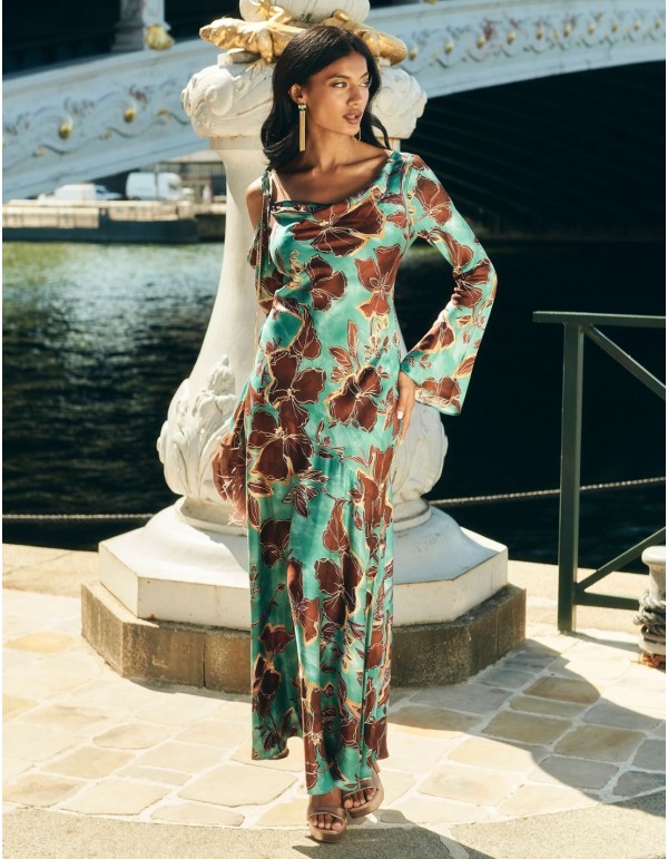 Robe d'invité midi à encolure asymétrique et imprimé...
