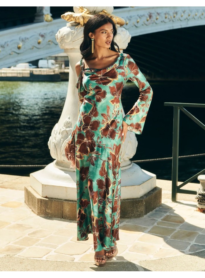 Robe d'invité midi à encolure asymétrique et imprimé floral turquoise