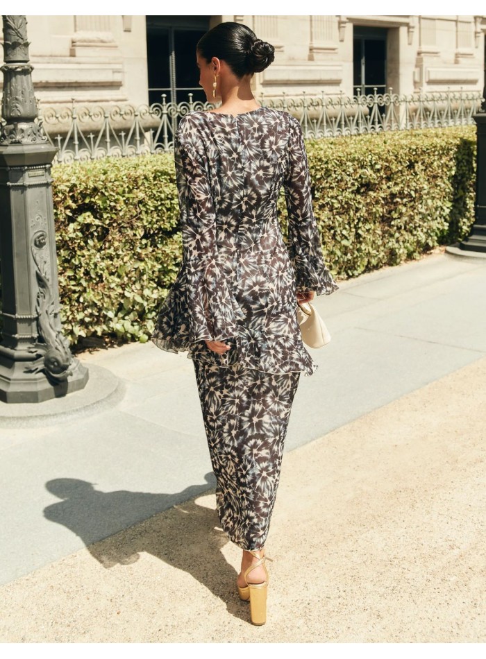 Vestido midi para invitada estampado con volante diagonal