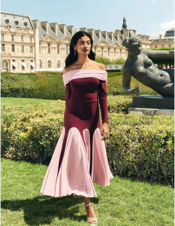 Jupe de soirée midi bicolore à taille haute 2