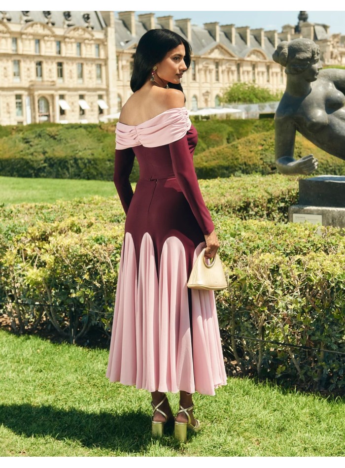 Falda de fiesta midi de talle alto bicolor granate y rosa