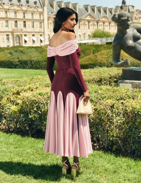 Jupe de soirée midi bicolore à taille haute