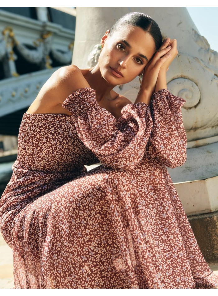 Maroon printed midi dress for guests with...