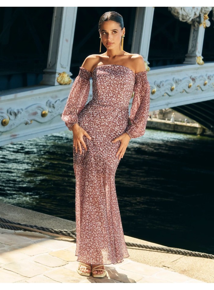 Maroon printed midi dress for guests with strapless neckline