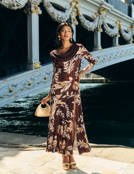 Robe d'invité midi à imprimé floral marron