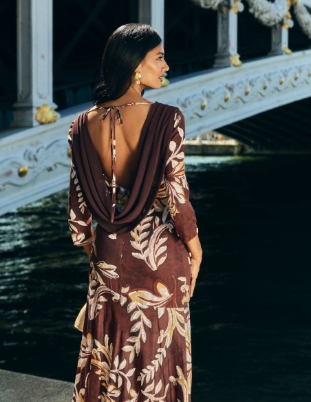 Robe d'invité midi à imprimé floral marron