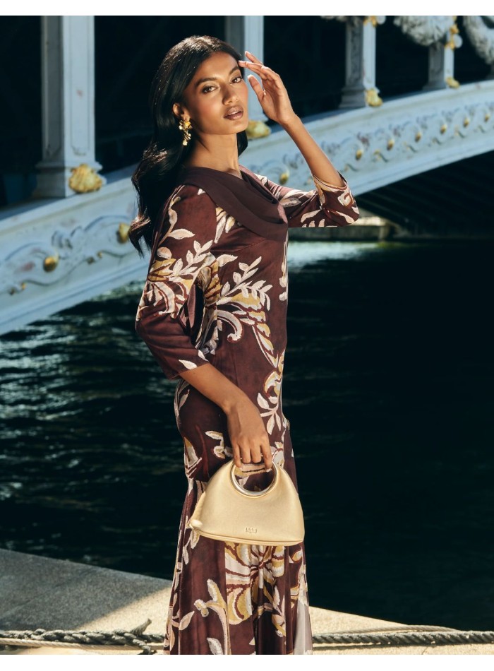 Robe d'invité midi à imprimé floral marron