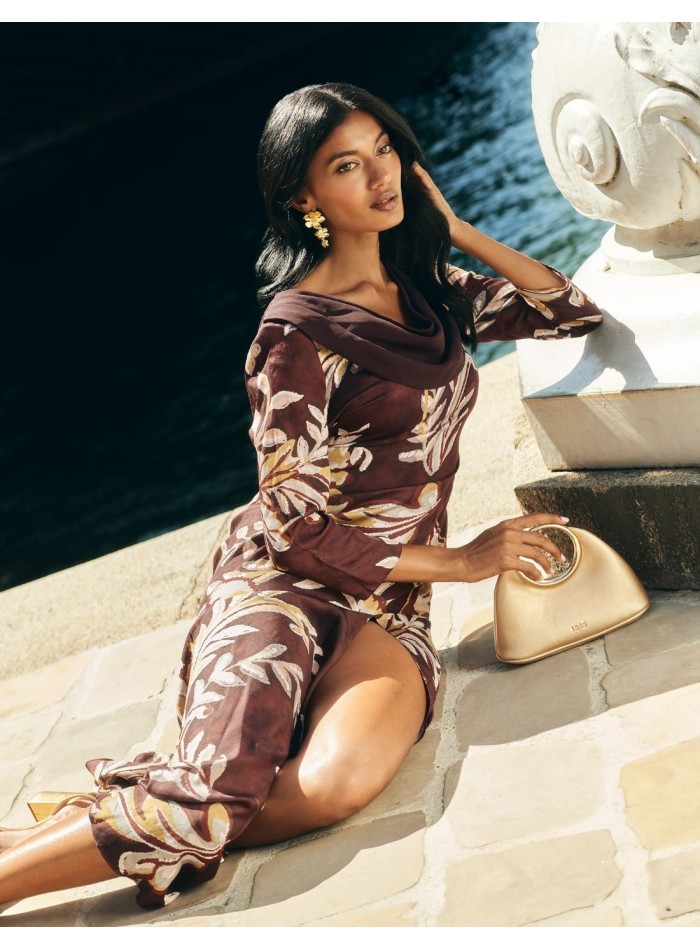 Brown floral print midi guest dress