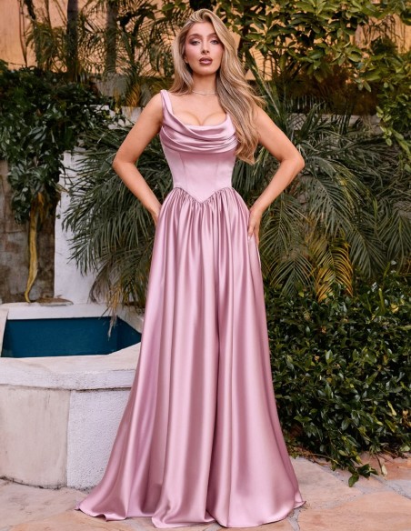 Long ball gown with full skirt and cascading neckline