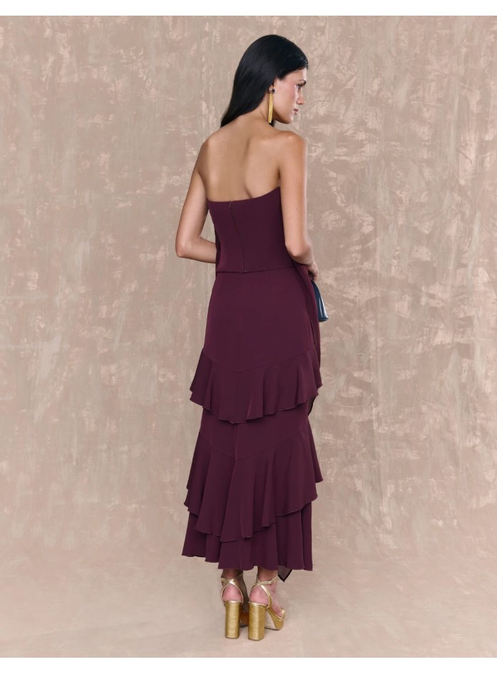 Burgundy ruffled midi guest skirt with ruffles