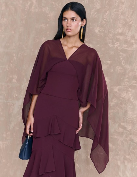 Falda de invitada midi burdeos con volantes