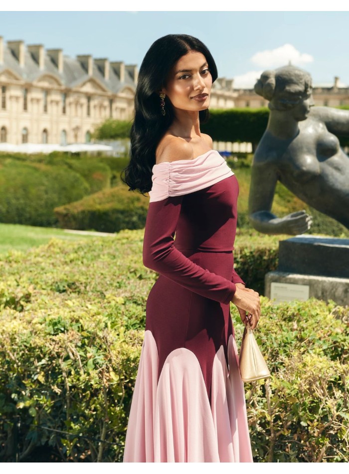 Two-tone long sleeve top with boat neckline