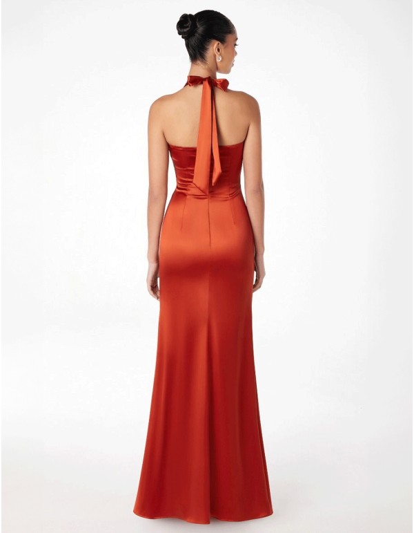 Long satin gown with halter neckline tied at the neck