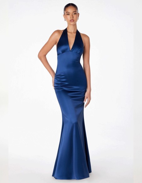 Long satin gown with halter neckline tied at the neck
