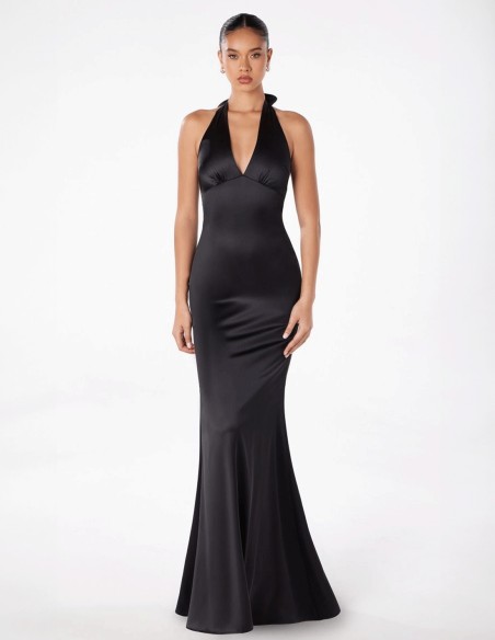 Long satin gown with halter neckline tied at the neck