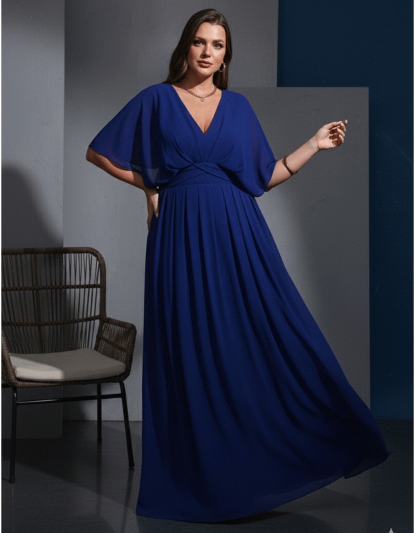 Vestido de fiesta con escote pico y manga en talla grande en azul klein 2