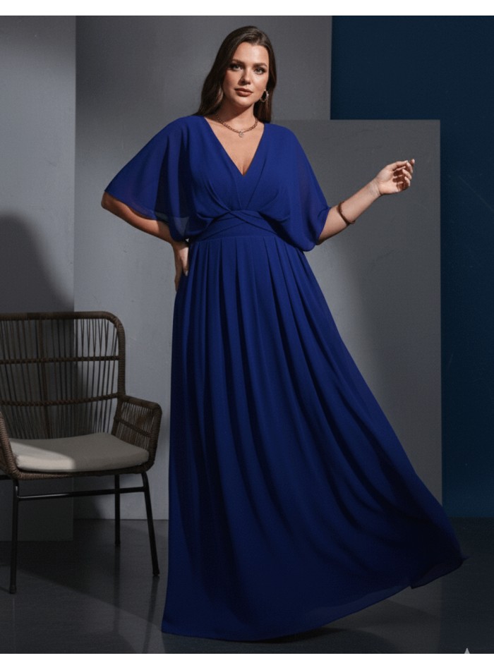 Vestido de fiesta con escote pico y manga en talla grande azul