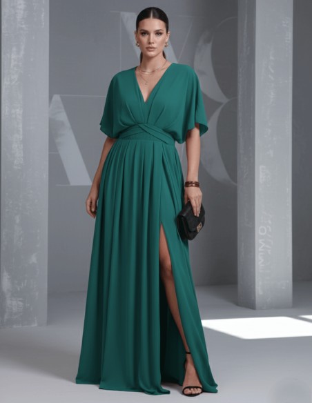 Vestido de fiesta con escote pico y manga en talla grande verde