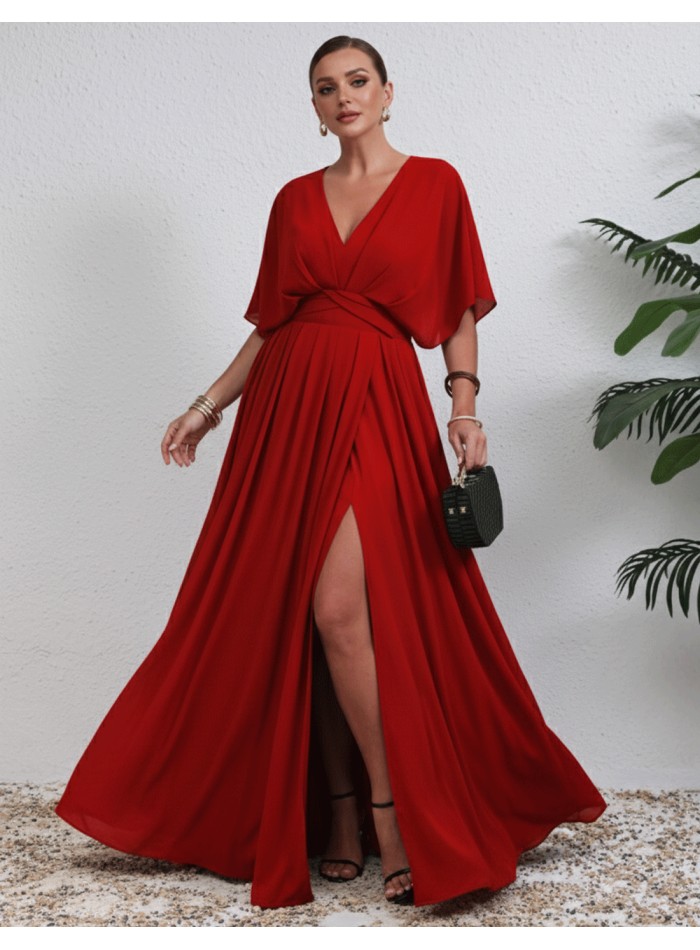 Vestido de fiesta con escote pico y manga en talla grande rojo