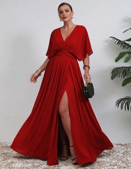 Vestido de fiesta con escote pico y manga en talla grande rojo