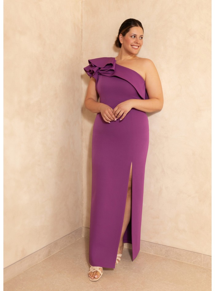 Long party dress with asymmetrical neckline and...