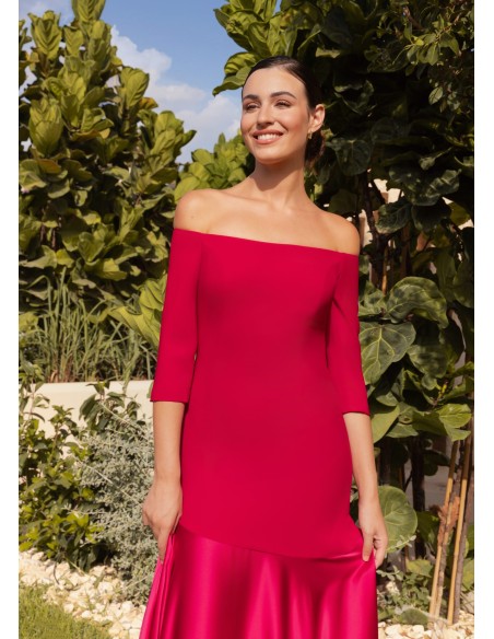 Long dress with bardot neckline and satin flounce skirt