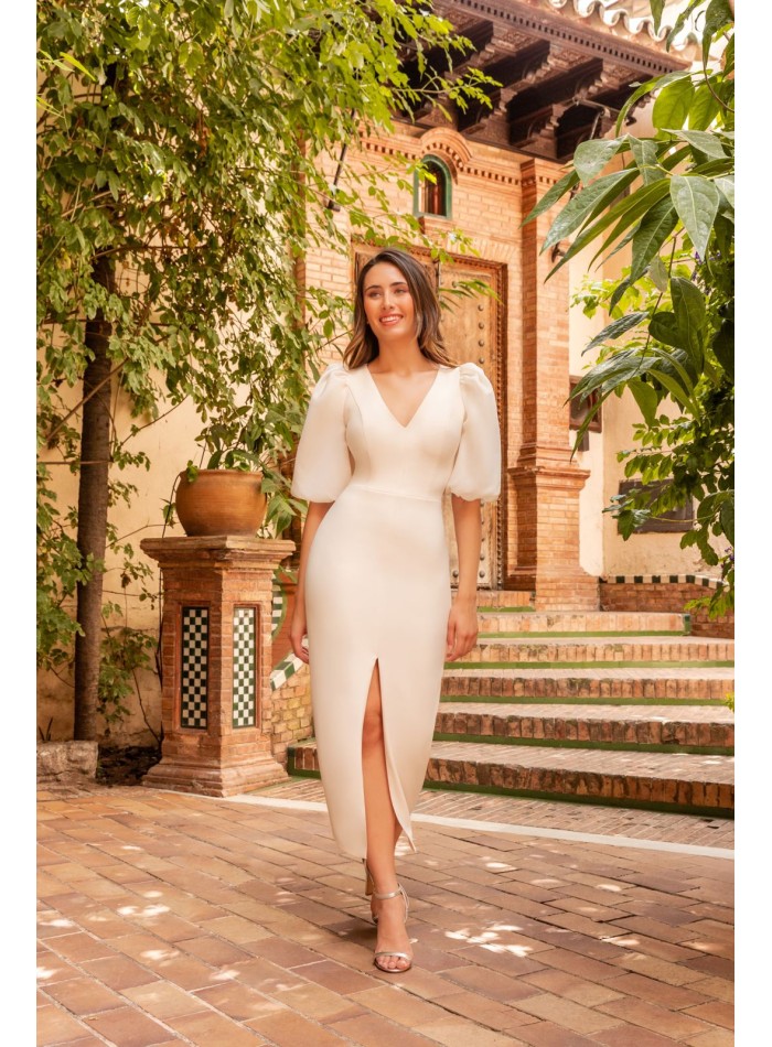 Vestido marfil midi mangas abullonadas 2433