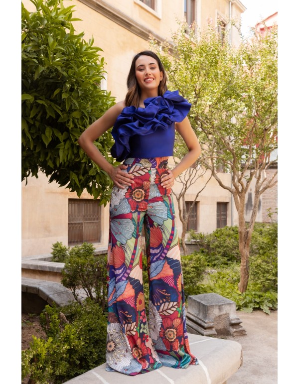 Conjunto de fiesta estampado de top con volante y pantalón