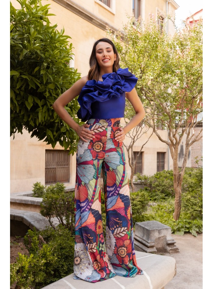 Conjunto de fiesta estampado de top con volante y pantalón