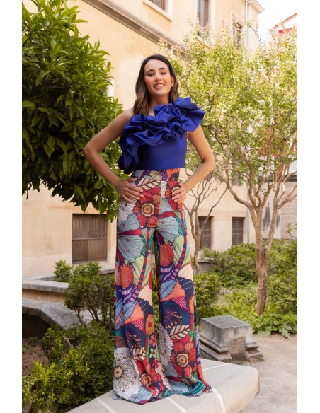Conjunto de fiesta estampado de top con volante y pantalón Conjunto de fiesta estampado de top con volante y pantalón