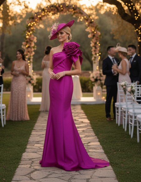 Long gown with asymmetrical neckline and shoulder embellishment