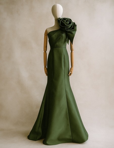 Long gown with asymmetrical neckline and shoulder embellishment