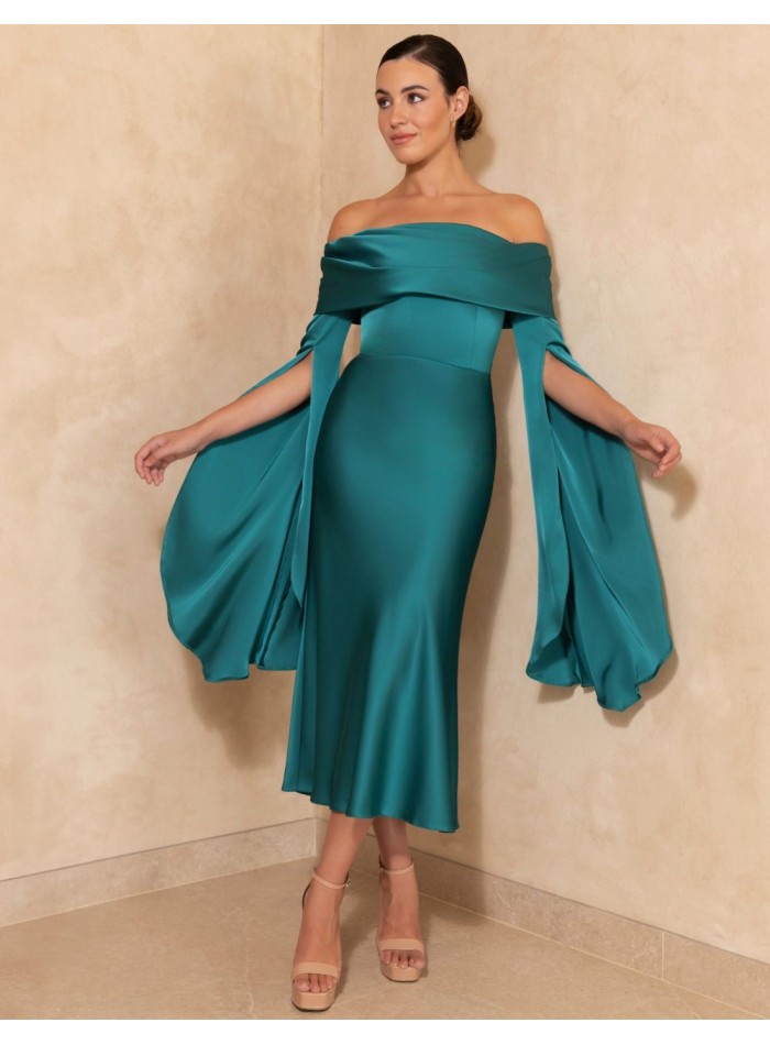 Satin bardot neckline midi dress with dropped sleeves