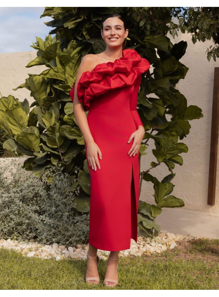 Robe midi avec encolure asymétrique et volant détachable