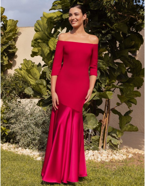 Vestido midi con escote bardot y falda satinada de vuelo