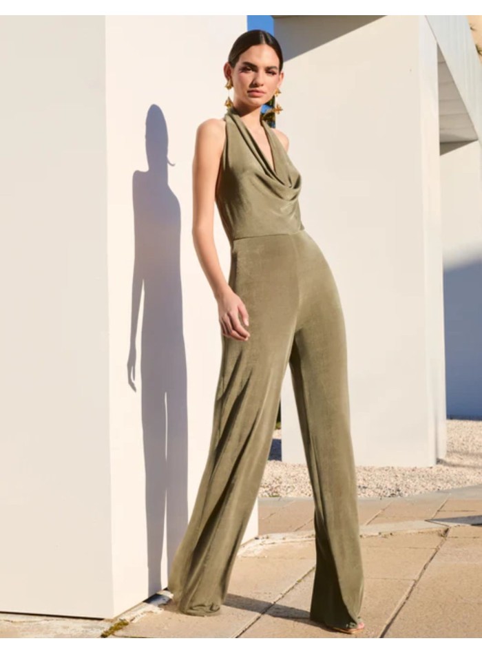 Long jumpsuit with draped halter neckline and open back
