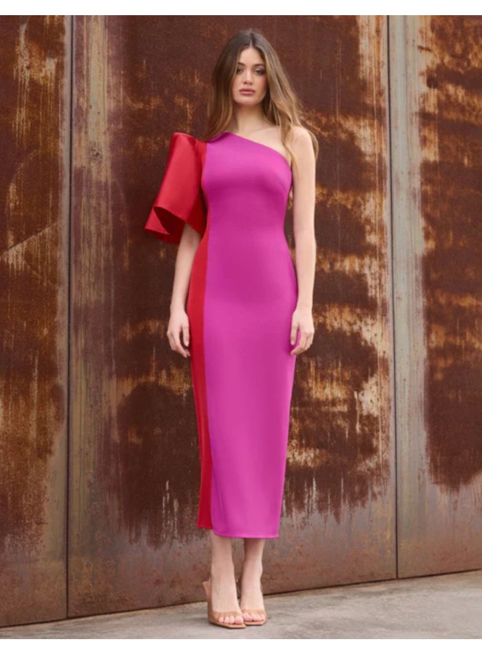 Robe bicolore asymétrique avec épaules décollées et manches en taffetas