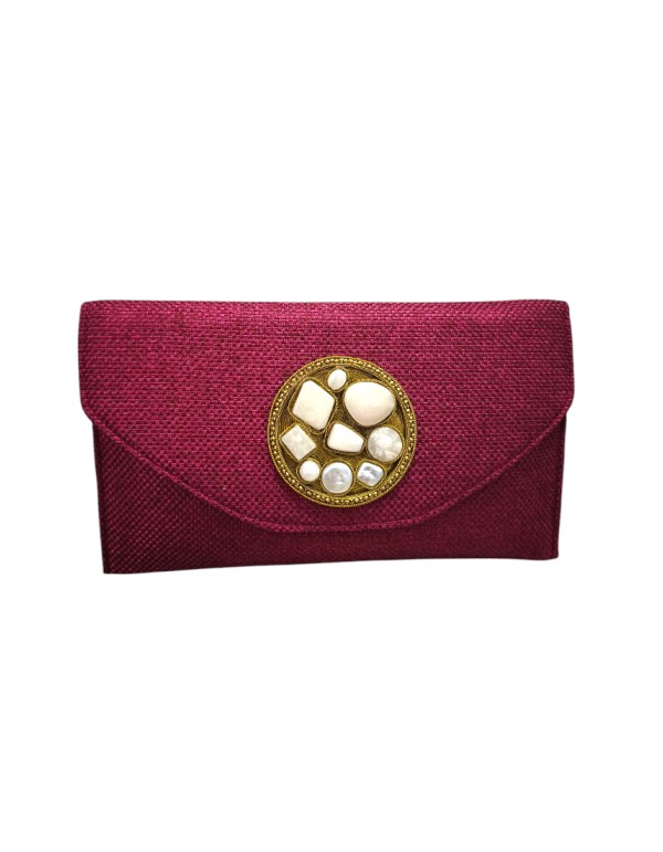 Cartera para invitada de yute con broche central de piedras