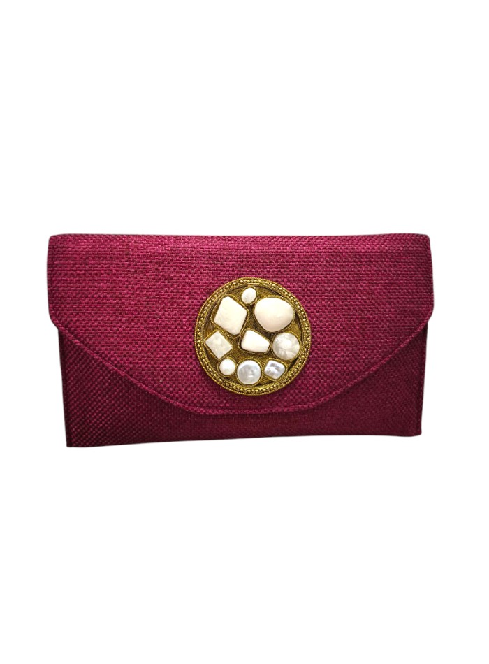 Jute guest handbag with central stone brooch